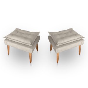 Kit 02 Puff para Sala e Quarto Madeira Decorativo Opala Suede Bege