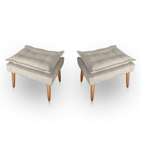 Kit 02 Puff para Sala e Quarto Madeira Decorativo Opala Suede Bege