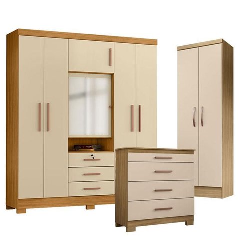 Guarda Roupa Casal Imperial com Cômoda 4 Gavetas New e Armário Multiuso New Egito Carvalho