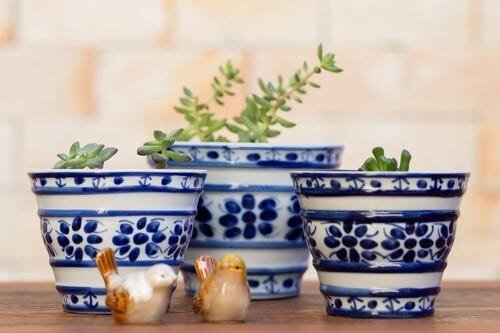 Kit Cachepot Decorativo Porcelana Azul E Branca Pintado Mão