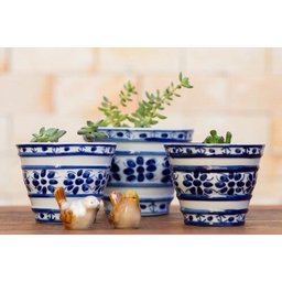 Kit Cachepot Decorativo Porcelana Azul E Branca Pintado Mão - 1