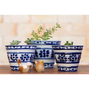 Kit Cachepot Decorativo Porcelana Azul E Branca Pintado Mão