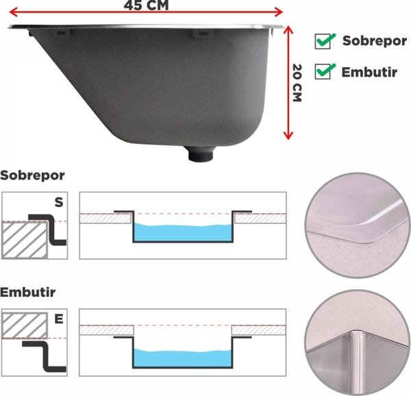Tanque Inox Lavanderia Sobrepor ou Embutir Polido 22L - 3