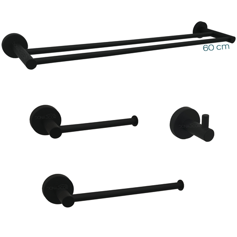 Kit Acessorios Banheiro Preto Fosco Aço Inox 4 Peças Papeleira Cabide Toalheiro Duplo Porta Toalha