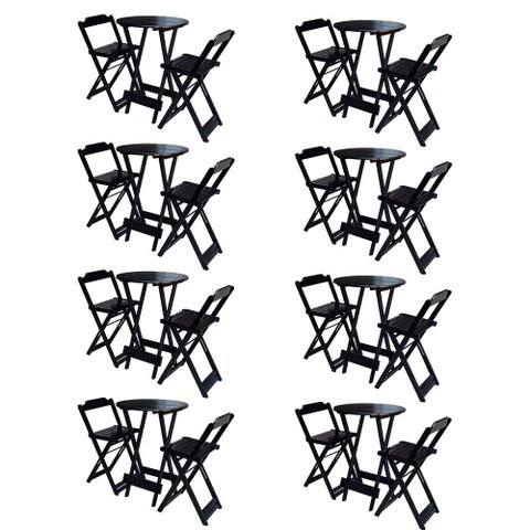 Kit 8 Jogos de Mesa Bistrô de Madeira com 2 Cadeiras Dobrável Ideal para Bar e Restaurante Preto