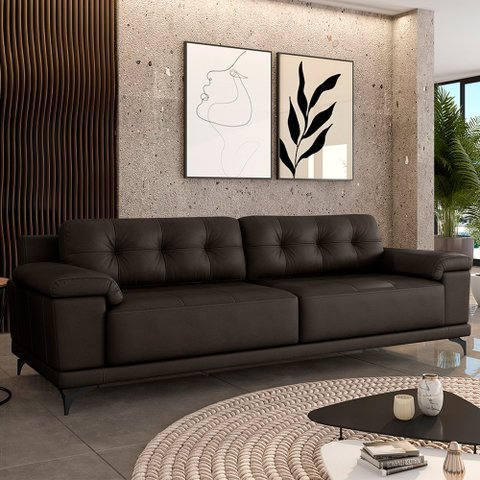 Sofá Living 4 lugares 292cm Agostino Pés Design em Ferro Couro Marrom G52 - Gran Belo