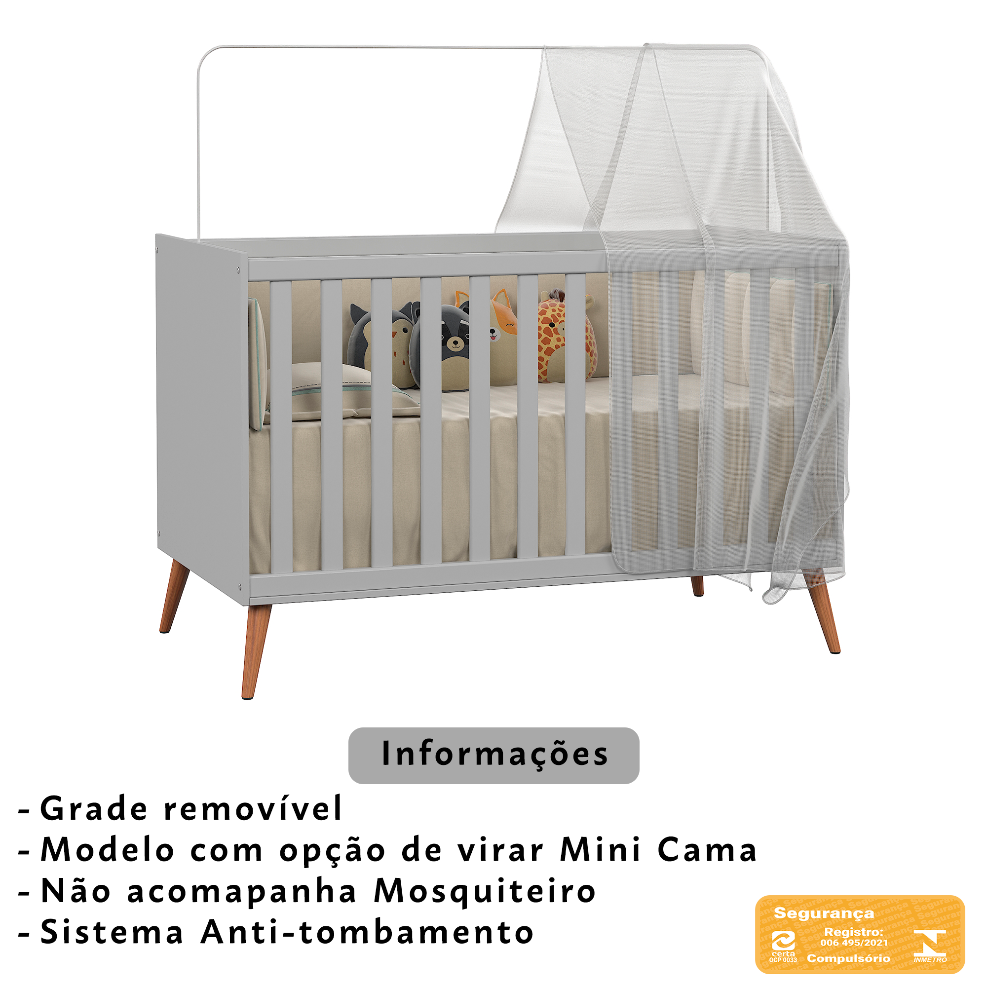 Berço Mini Cama Americano Retrô para Quarto de Bebê com Grade Removível e Colchão Infantil - 7