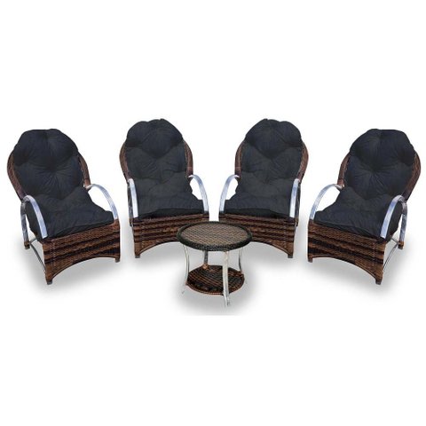 Conjunto de Poltronas Fibra Sintética Pequim Alumínio - 4 Poltronas + 1 Mesa Centro - Tecido Duna Pr