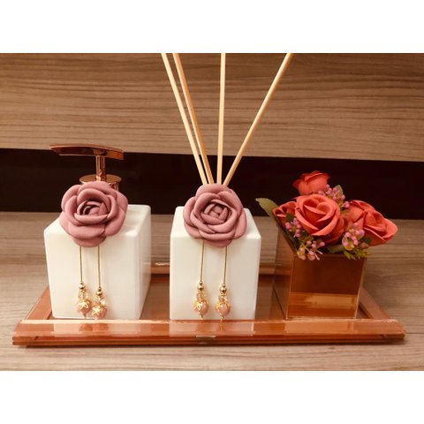 Kit Lavabo Organizador Rose Gold Branco Luxo Difusor Cubo