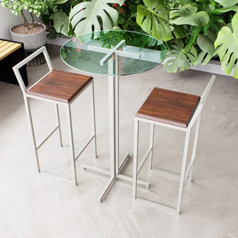 Conjunto Mesa Alta Bar Bistrô Redonda Vidro 2 Banquetas Confort Imbuia Industrial White Don Castro D