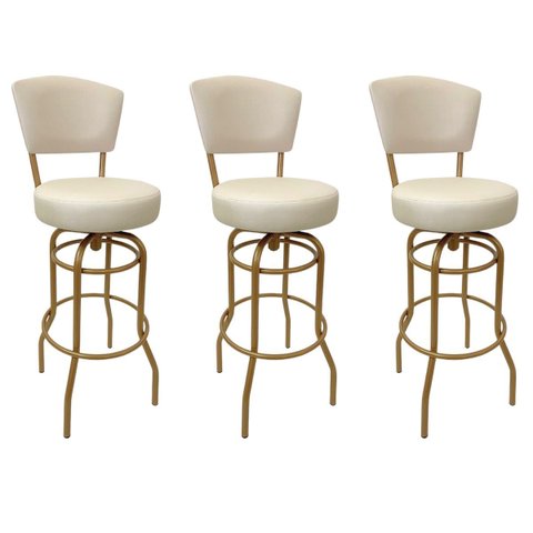 Kit 3 Banquetas Bar Giratória Altura 65cm com Encosto Cor Dourado Fosco Assento Grosso Cor Off White