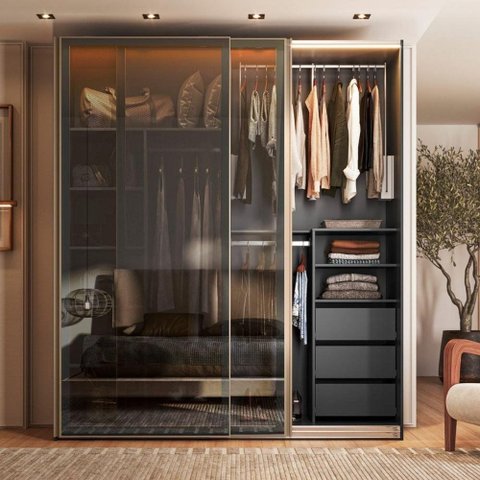 Guarda Roupa Casal 2 Portas Correr Vidro Reflecta com LED 200cm x 55,8cm x 230cm 100% MDF Cor: