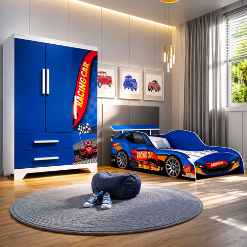 Jogo Quarto Infantil Carro Azul com Cama Guarda Roupa e Colchão Completo para Menino Criança