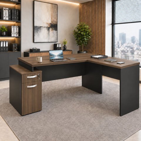 Mesa de Escritório em L Pedestal Diretor 165x70cm Executiva com Gaveta, Fechadura e Porta Netmobil