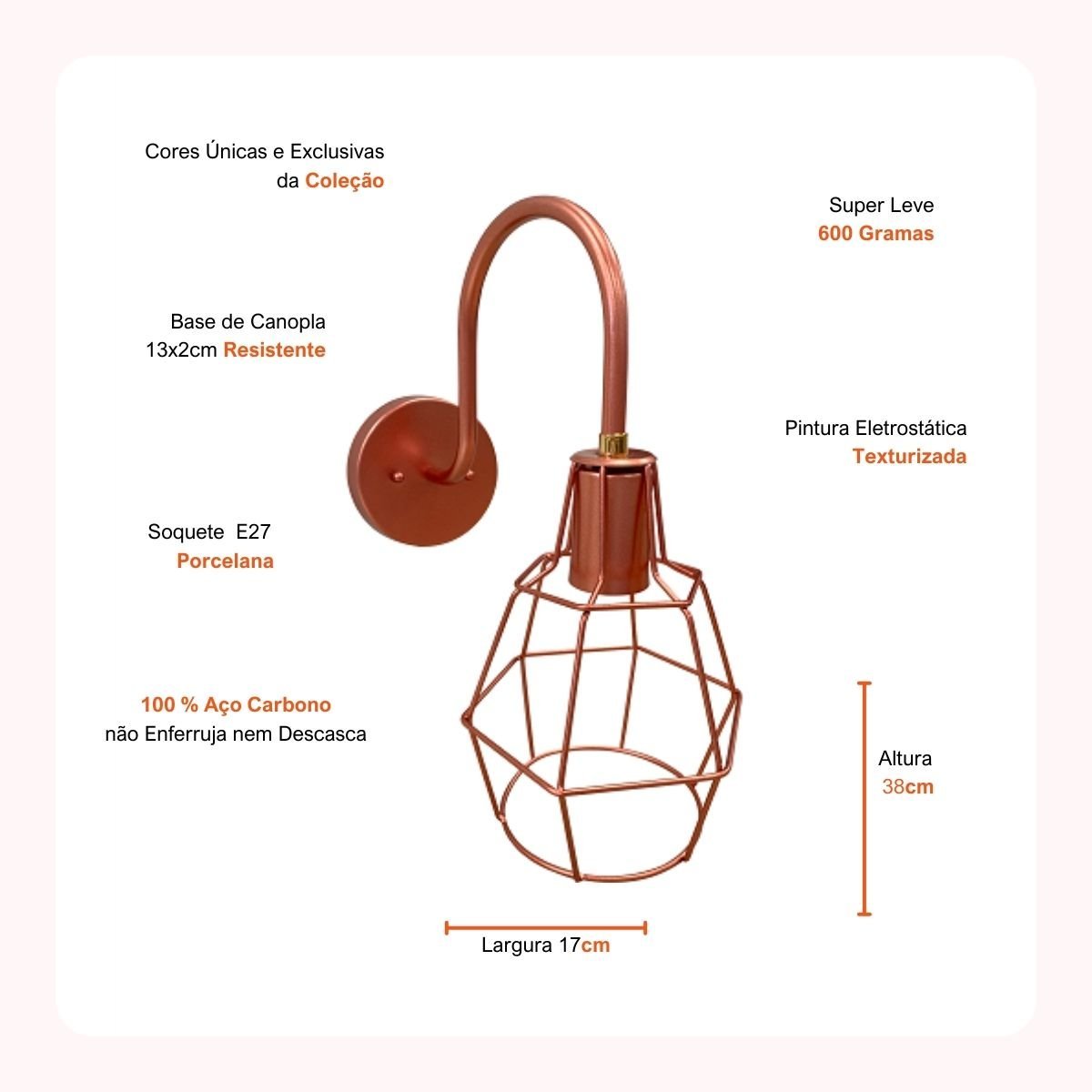 Luminária Arandela Retrô Aramado Parede Externa Aço Carbono:rosé - 2