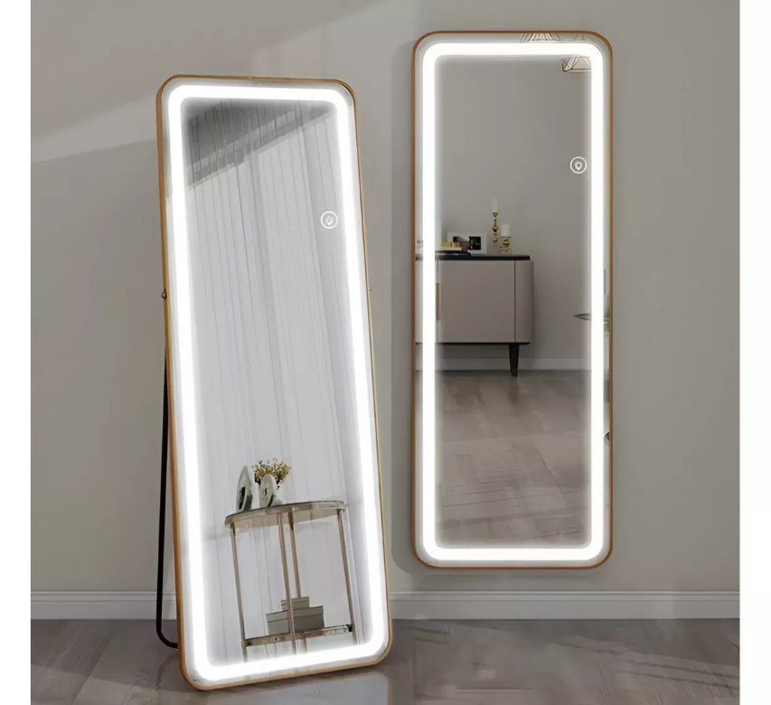 Espelho Jateado com Led Grande Corpo Inteiro com Moldura com Suporte de Chão 170x70cm Luxo Bronze