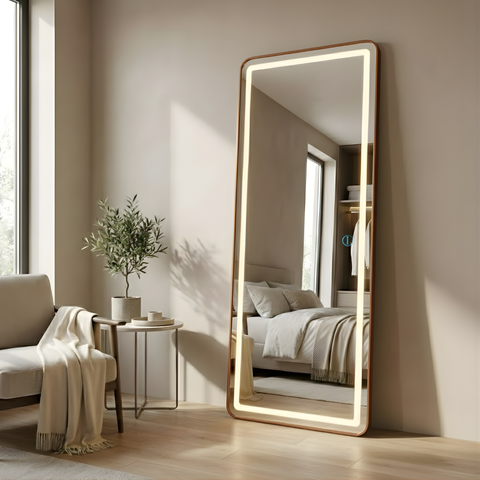 Espelho Jateado com Led Grande Corpo Inteiro com Moldura com Suporte de Chão 170x70cm Luxo Bronze