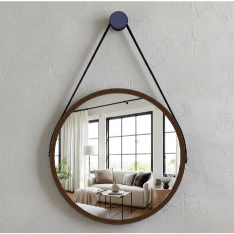 Espelho Redondo Adnet 40cm Suspenso Moderno Luxo - Marrom
