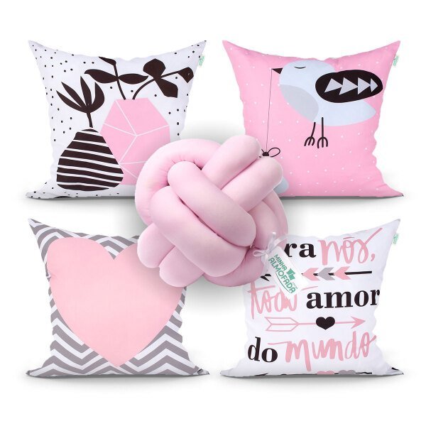 Capa Almofada para Cama Decorativa Rosa Estampada 4 Unidades + Almofada Nó Escandinavo