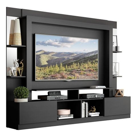 Estante Tv 65" Prateleiras C/ Espelho Oslo Multimóveis V3393 Preta Preto