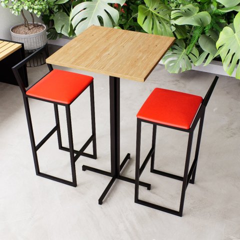 Conjunto Mesa Alta Bar Bistrô Quadrada Pinus 2 Banquetas Estofado Don Castro Decor