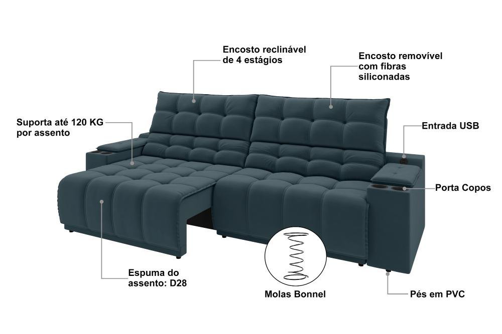 Sofá Connect Premium 2,00m Assento Retrátil/reclinável com Porta Copos e Entrada Usb Suede Petró - 3