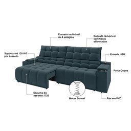 Sofá Connect Premium 2,00m Assento Retrátil/reclinável com Porta Copos e Entrada Usb Suede Petró - 3