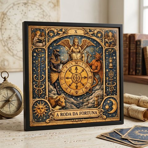 Quadro Carta Tarot a Roda da Fortuna 33x33cm Mold Preta Vidro