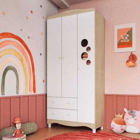 Guarda Roupas Infantil 3 Portas e 2 Gavetas 91x40x198 Cm Branco e Carvalho Completa Móveis