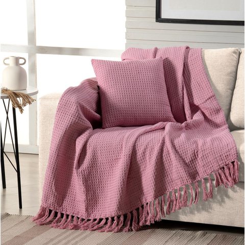 Manta Decorativa para Sofá Boho Favo de Mel Rosa Algodão