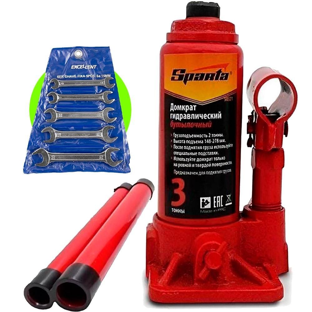 Kit Macaco Hidráulico 3 TON Tipo Garrafa SPARTA + Jogo de Chaves Fixa de 6 à 15 MM Kit com 5 Peç