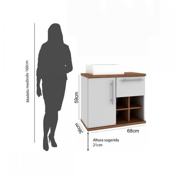 Gabinete para banheiro Veneza 01 porta 01 gaveta sem cuba 70cm Nogal/Branco - Móveis Bosi - 4