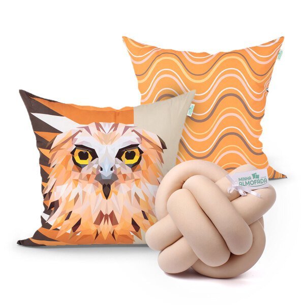 Almofada para Cama Bege / Laranja Estampada 2 Unidades 45cm x 45cm com Refil de Silicone + Almofada 