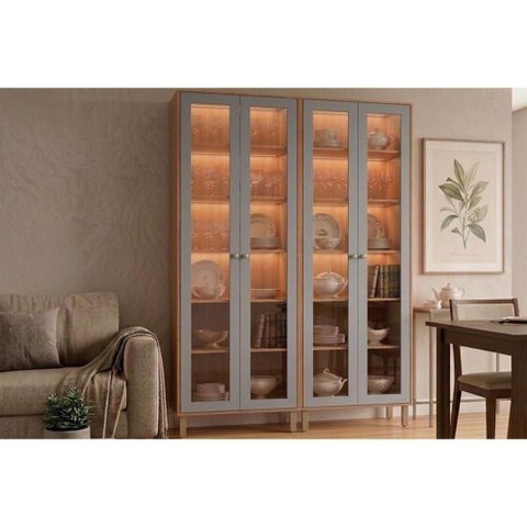 Cristaleira Esplêndida LED Reflecta 4 Portas 6 Prateleiras MDF com Iluminação Cinamomo e Platina