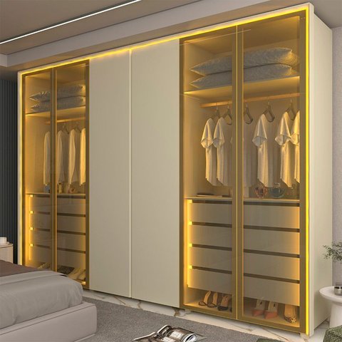 Guarda-Roupa Casal 6 Portas 4 Portas Reflecta com LED com Pés 100% MDF Splendor Off White