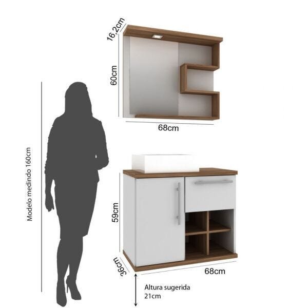 Gabinete para banheiro Veneza com cuba e espelheira 70cm cor Nogal/Branco - Móveis Bosi - 4