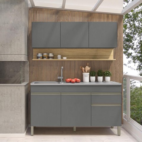 Kit Balcão de Pia sem Tampo e Aereo 150 Cm 6 Portas 1 Gaveta Madrid - Gris/gris/cp-freijó