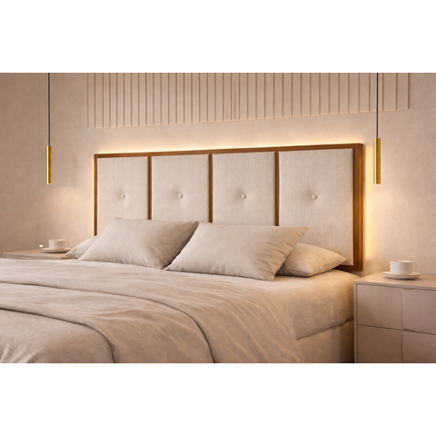 Cabeceira Painel Cama Box Queen 160cm Estofado com Madeira Bege