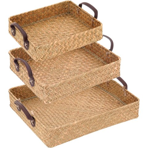Kit 3 Bandejas Decorativa para Servir Fibra Natural Home&Co