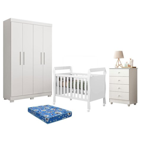 Guarda Roupa Florida com Gaveteiro Soft e Berço Americano Soninho Branco Acetinado Colchão Americano