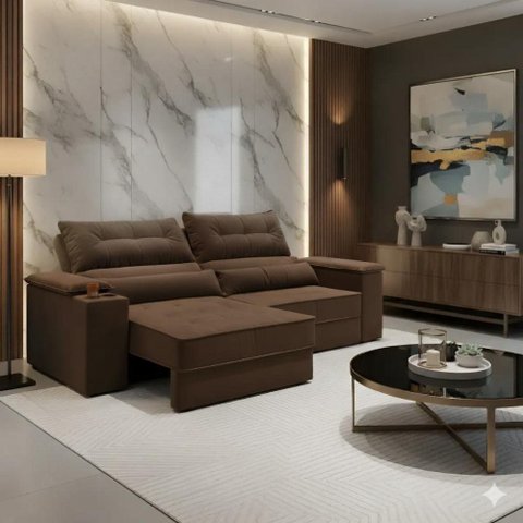 Sofá com Chaise Manhattan 3 Lugares Retrátil 210cm Marrom Suede Cia Lar