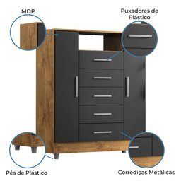 Cômoda Sapateira Isabele 2 Portas 5 Gavetas Castanho/Onix - 3