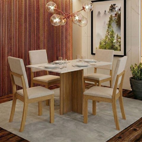 Conjunto Sala de Jantar Layla Gold 4 Lugares Tampo MDF Cadeiras Estofadas Off White 120cm Casa 812