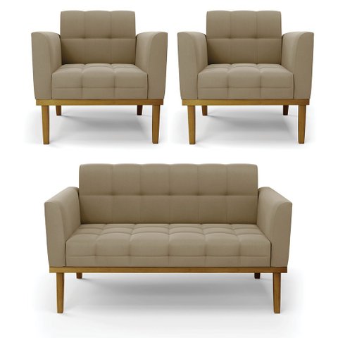 Conjunto 2 Poltronas e 1 Namoradeira Decorativa Karen Pés Fixo em Madeira Castanho Suede Nude G19 - 