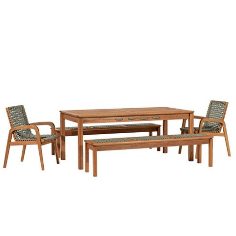 Mesa de Jantar com 02 Bancos de Madeira e 02 Cadeiras com Braço Trammare C07 Corda Náutica Verde