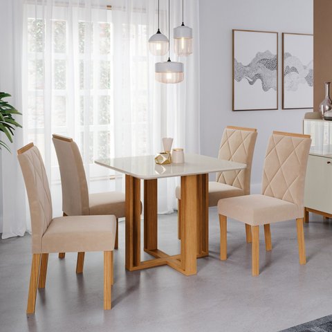 Conjunto para Sala de Jantar Mesa 94x94cm Flora 4 Cadeiras Fernanda Cimol