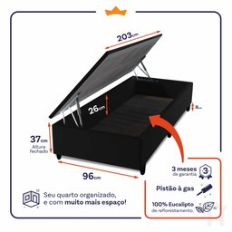 Conjunto Box Baú Solteirão Chicago Preto 96x203x64 Espuma D33 - 3