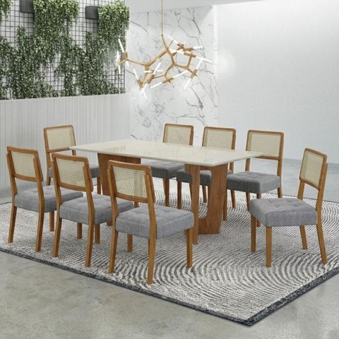 Mesa de Jantar Liz 180x90cm Vidro 25mm Cinamomo Off White com Kit 8 Cadeiras Linho Prata -Valdemó