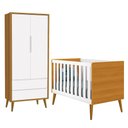 Ver imagem 1 de Jogo de Quarto Infantil Theo Retrô Guarda Roupa 2 Portas e Berço Branco/Savana com Pés Amadeirado
