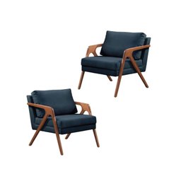 Kit 02 Poltronas Decorativas Madeira Maciça Luxo Itália - Zahav Estofados:Suede Azul Marinho - 1